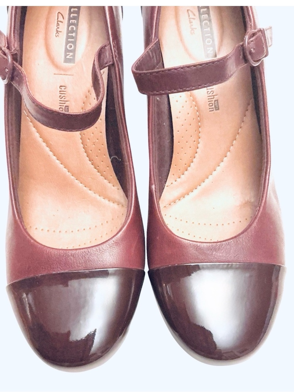 Clarks Burgundy Leather Mary Jane Pump Patent Accents Women’s Size 10 W - Picture 7 of 15
